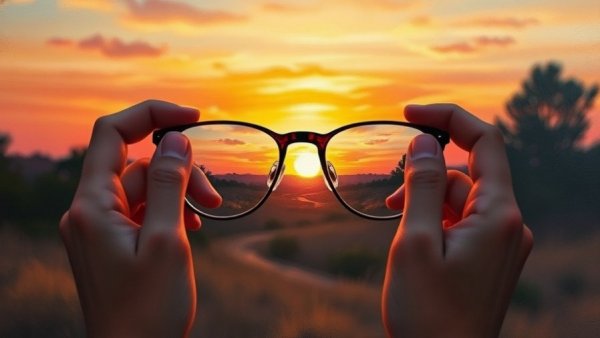 Serene sunset reflection in eyeglasses symbolizes healthy aging and longevity.