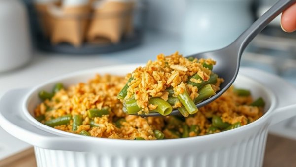 Healthy Green Bean Casserole Recipe being served with crispy topping.