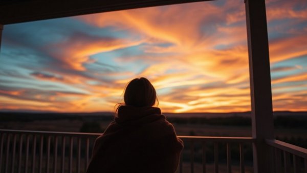 Contemplative woman experiencing burnout self-improvement under sunset.