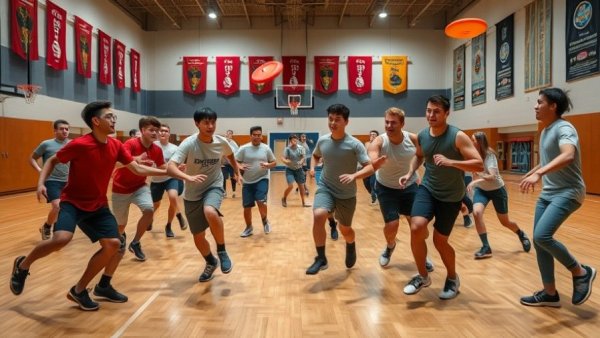 Group enjoying Ultimate Frisbee for health and wellness indoors.