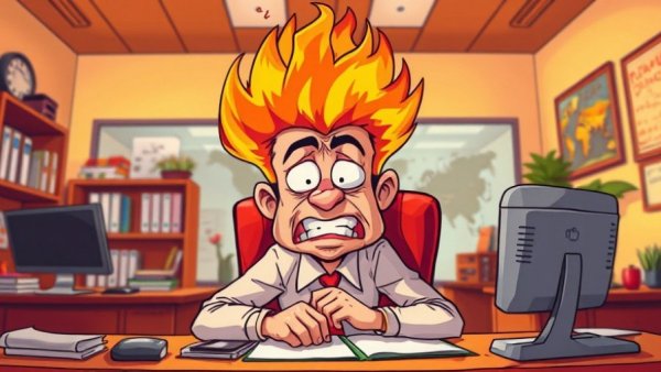 Cartoon man at desk with flaming head, depicting stress.