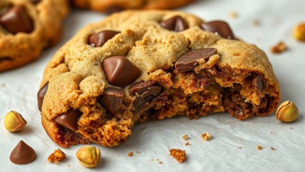 Close-up of chocolate chunk pistachio cookie with a bite.