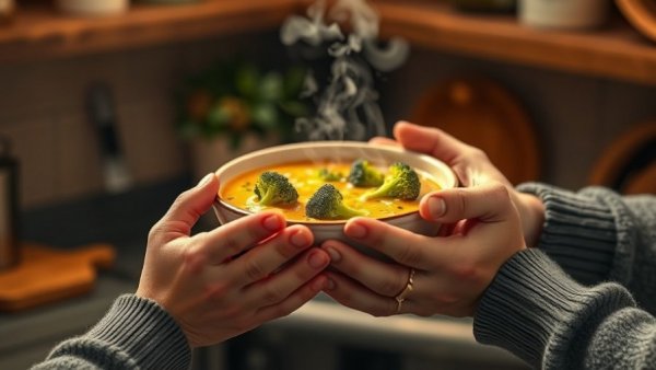 Hands sharing a bowl of broccoli soup for daily gratitude practices.