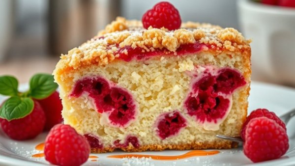 Close-up of raspberry breakfast cake with cottage cheese layers.