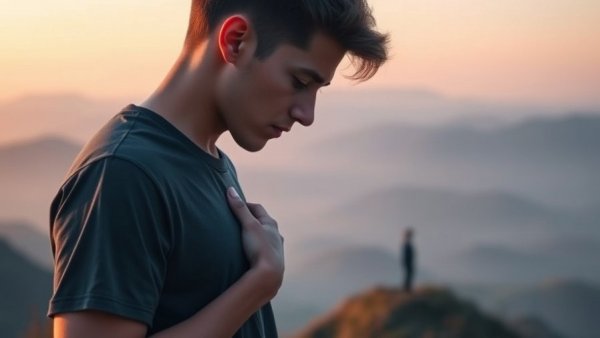 Reflective young man at sunset, contemplating kindness.