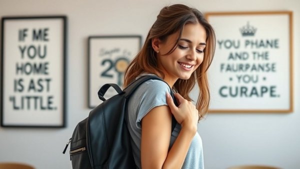 Smiling woman with a Lululemon diaper bag in a stylish room.