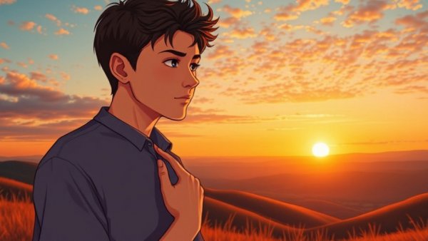 Stay kind without losing yourself: Reflective young man in serene landscape.