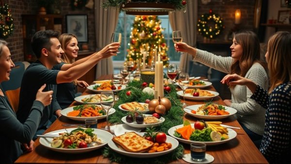 Healthy Christmas recipes on festive dining table with friends toasting.