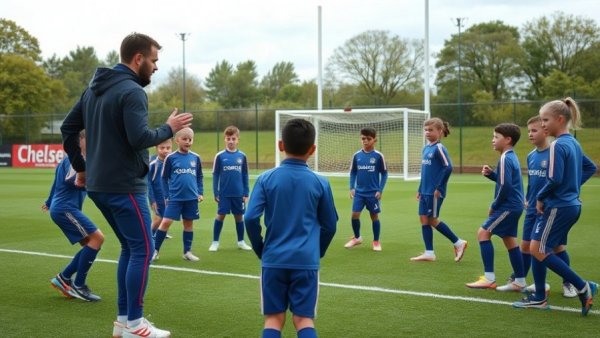 Chelsea FC coaching session on a football field with players listening.