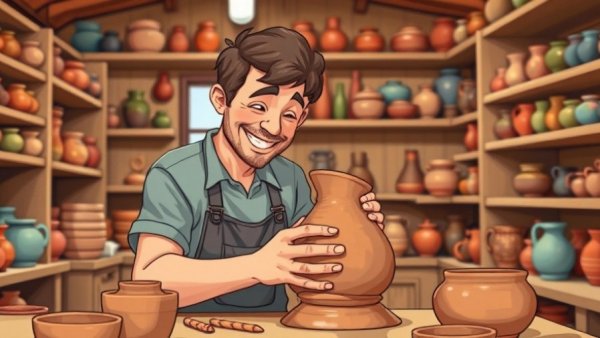 The power of imperfect work depicted as an artisan molds a clay pot in a vibrant workshop.