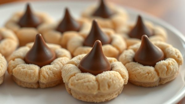 Close-up of flourless peanut butter blossoms with chocolate kiss.
