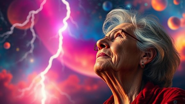 Vivid portrait of older woman reflecting under cosmic lightning, highlighting childhood trauma and menopause.