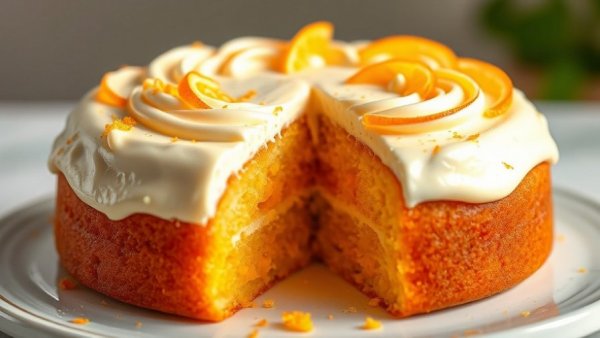Whole orange cake with zest and creamy frosting slice.