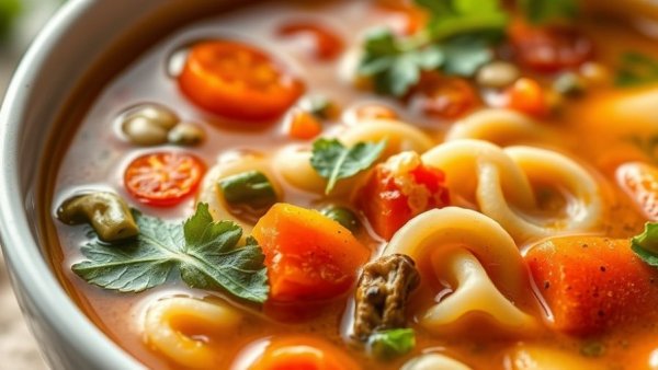 Healthy soup with peas, cauliflower, and pasta for immunity.