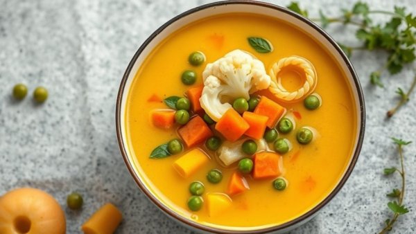 Vibrant immunity soup with vegetables and pasta.