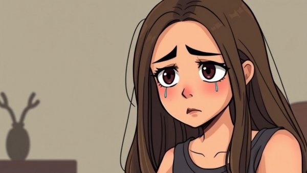 Anxious young woman, tears of emotion, cartoon style depiction.