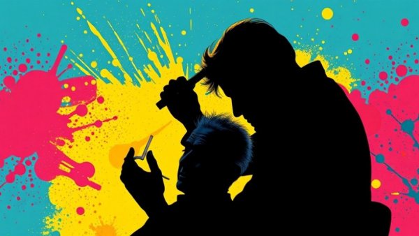 Vibrant pop art barber scene, highlighting healthy aging.