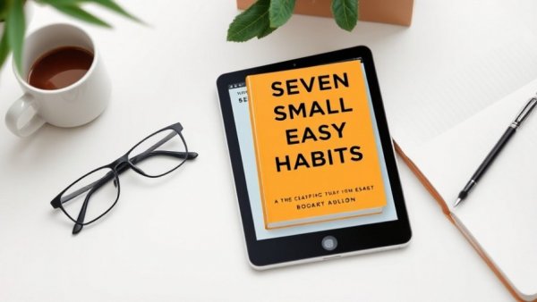 Tablet showing 'Seven Small Easy Habits' cover with coffee and glasses.