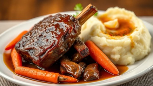 Braised short ribs recipe with carrots and mashed potatoes.