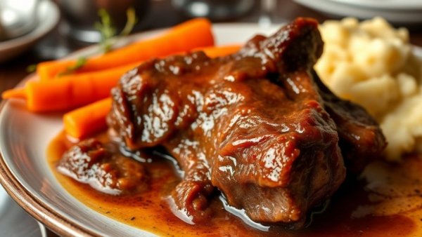 Braised short ribs with carrots and mashed potatoes.