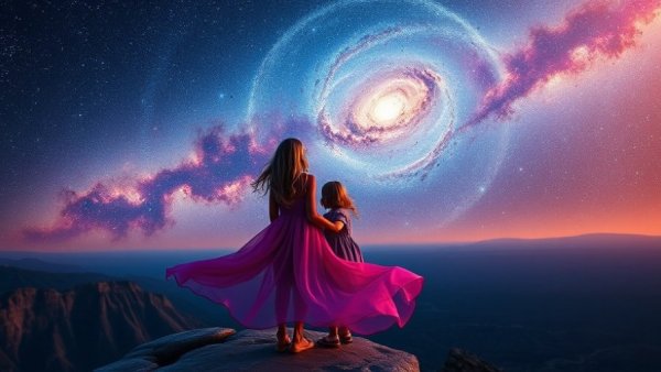 Mother and daughter observing galaxy, depicting coping with childhood trauma.