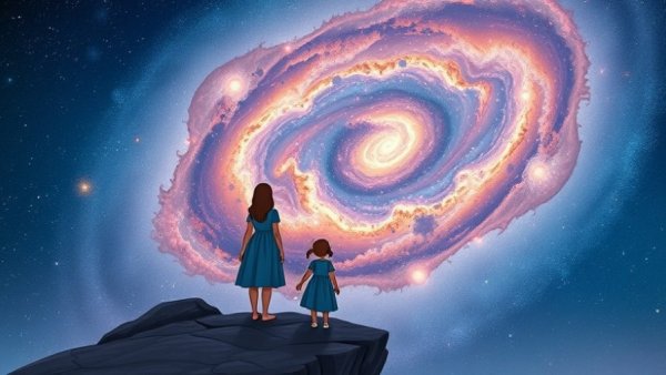 Imaginative depiction of coping with childhood trauma through a cosmic journey.