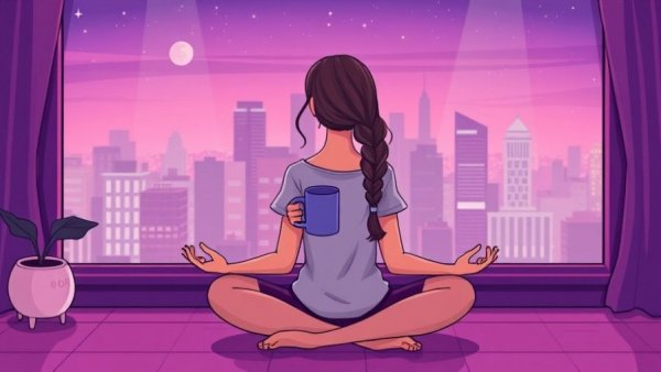 Mindfulness for Better Sleep: Woman meditating by window in serene night scene.