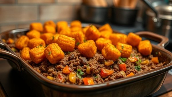 Sweet potato tater tot casserole with mixed vegetables and meat.