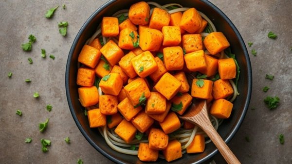 Colorful healthy meal with sweet potato tots and veggies in a pan.