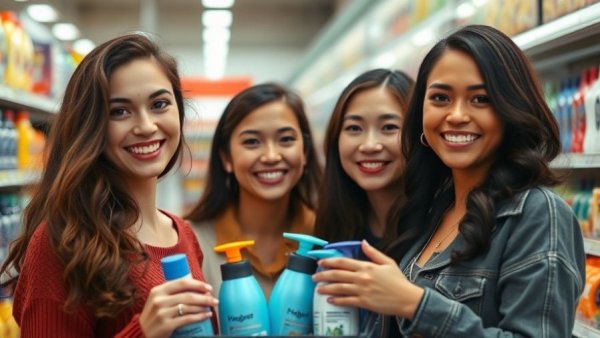 Two women smiling and browsing clean drugstore shampoo aisles.