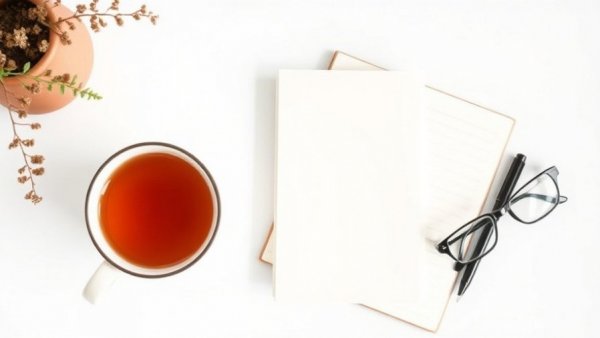 Tablet with e-book cover, cup of tea, notebook, and glasses.