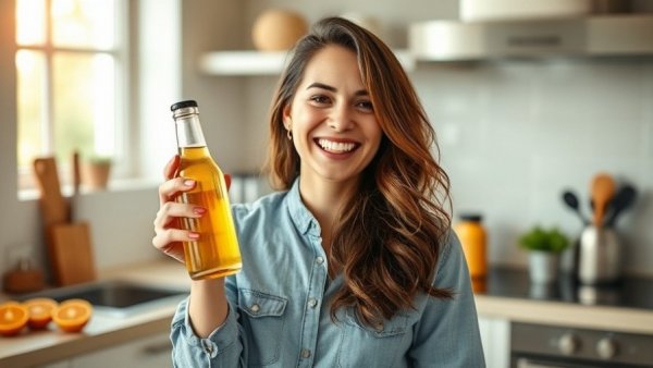 Cheerful woman with alcohol alternative in modern kitchen