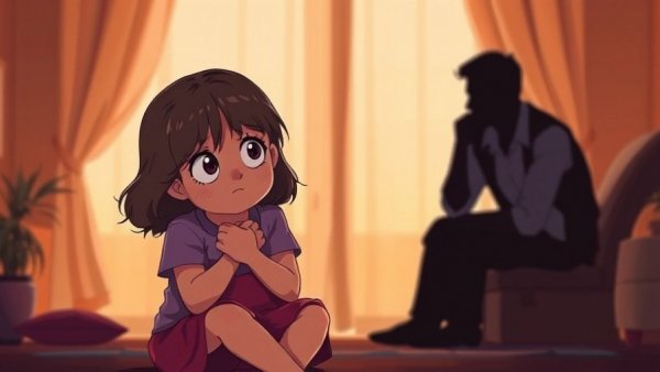 Grieving emotional needs depicted in a cartoon with a sad young girl and silhouetted parents.