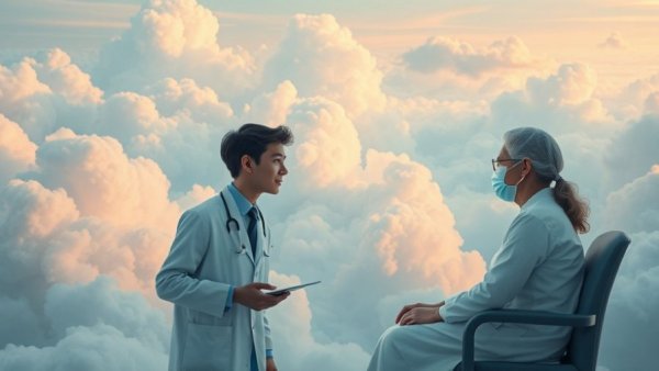 Whimsical doctor-patient scene in surreal clouds; healing beyond medicine.