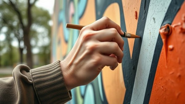 Close-up of hand painting mural outdoors, capturing creativity.