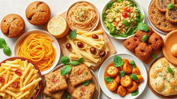Collage of high-protein recipes including muffins, pasta, salads, and pastries.