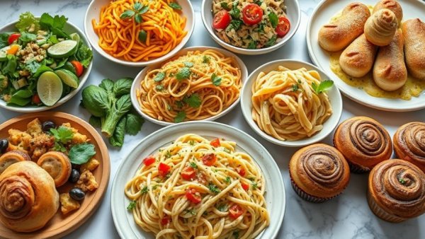 Collage of high-protein recipes including salads, pasta, muffins, showcasing variety.