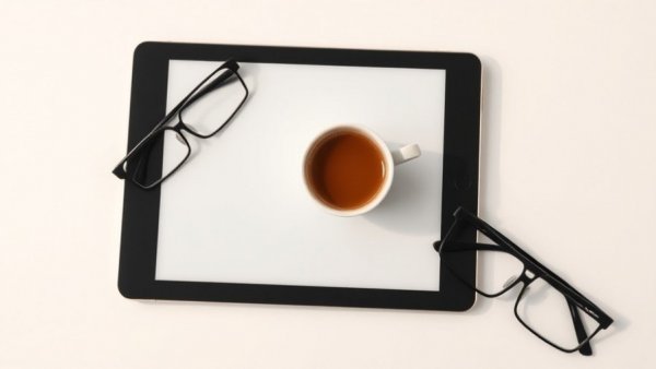 Minimalist eBook cover on tablet with coffee, glasses, and notebook.
