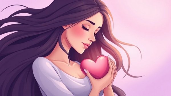 Serene woman embracing heart symbol for reflective positive journaling.
