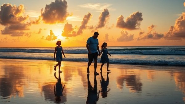 Family gratitude practices during sunset beach walk, serene bonding.