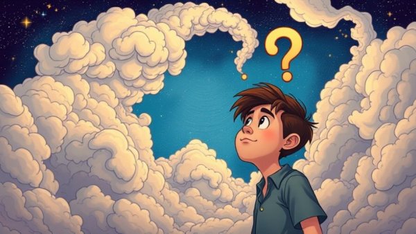 Finding peace in uncertainty: Young man beneath question mark sky in cartoon style.