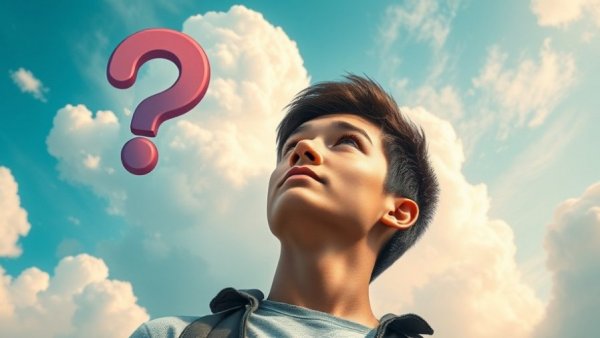 Finding Peace in Uncertainty: Young man contemplating amidst colorful clouds and question mark.