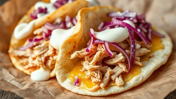 Quick meals: crispy pita tacos with cheese and cabbage on parchment.