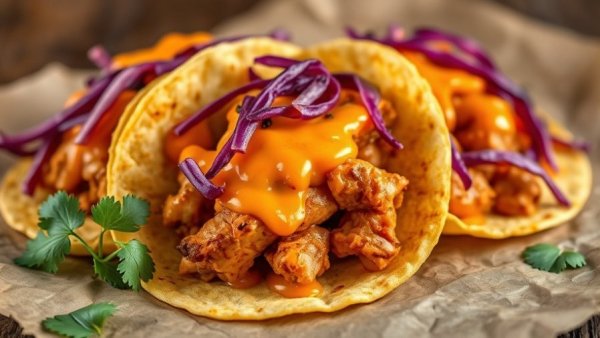Sheet pan buffalo chicken tacos with cheese and cabbage topping.