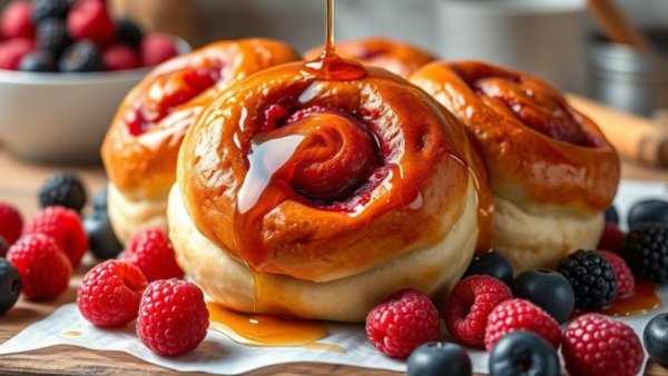 Delicious high protein triple berry buns drizzled with syrup.