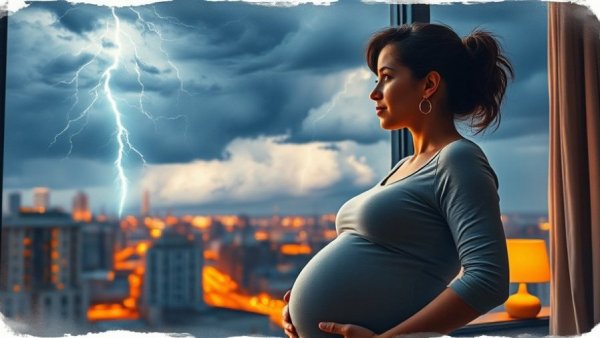 Pregnant woman finding peace in chaos, gazing out at storm.