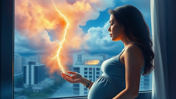 Expectant woman watching storm, lightning over city, watercolor.