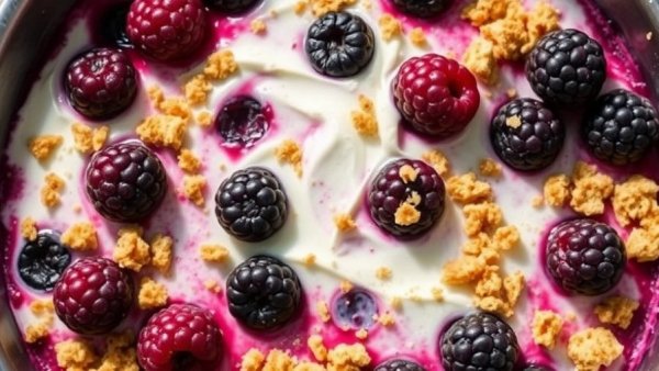 Creamy high-protein cottage cheese dessert with blackberries.