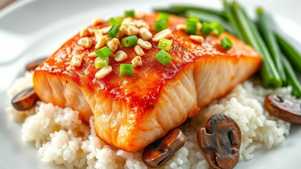 Healthy meals: colorful salmon and rice dish with toppings.