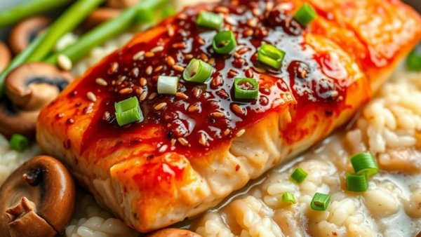 Chili Crunch Salmon with creamy coconut brothy rice, garnished with sesame seeds and green onions.